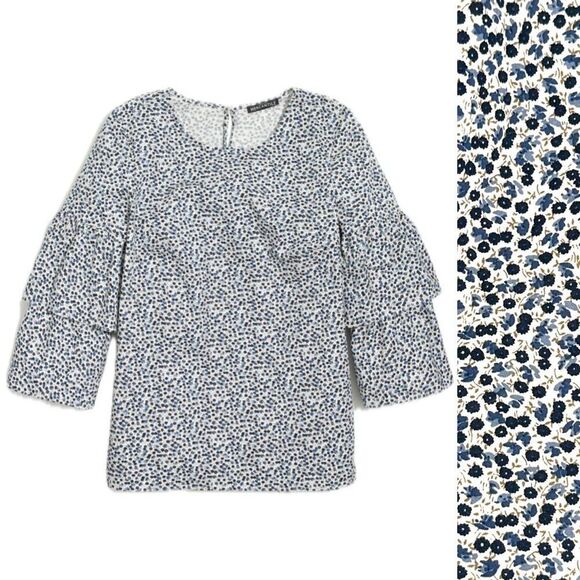J. Crew Mercantile Blouse Blue Ditsy Floral Ruffle Sleeve Top Size 6 Small - Picture 1 of 11